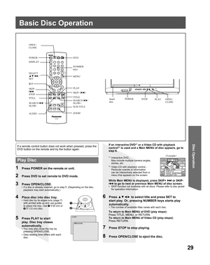 Page 2929
Disc Operation
3 Press OPEN/CLOSE.•  If a disc is already inserted, go to step 5. (Depending on the disc, 
playback may start automatically.)
5  Press PLAY to start 
play. Disc tray closes 
automatically.
•  You may also close the tray by 
pressing OPEN/CLOSE.
•  Data reading time differs with each 
disc.
If an interactive DVD*1 or a Video CD with playback 
control*2 is used and a Main MENU of disc appears, go to 
step 6.
7  Press STOP to stop playing.
8  Press OPEN/CLOSE to eject the disc.
6 Press...