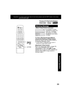 Page 3333
Advanced Operation
*Important:If a remote control button does not work when pressed, press the FM/TV button on the remote
and try the button again.
Blocking Message
If a program or movie
exceeds the ratings you
have set, a message
will appear on a black
background and sound
is muted. 
To View a Blocked Program/Movie
[Temporarily Deactivate V-Chip Control]
Enter your secret code (ACCESS CODE) in
the Blocking Message screen.
V-Chip Control is reactivated when power is
turned off or power failure...