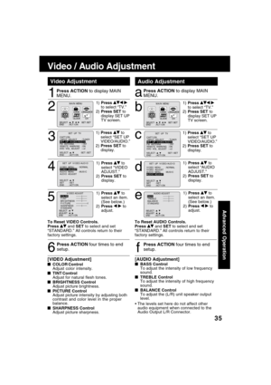 Page 3535
Advanced Operation
1
Press ACTION to display MAIN
MENU.
Audio AdjustmentVideo Adjustment
6
Press ACTION four times to end
setup.
1)Press  to select “TV.”
2)Press SET to
display SET UP
TV screen.2
M A I N  MENU
DVDLOCK
CH
CLOCKTV
LANGUAGE
END         : ACT I ON SELECT  :                            SET : SET 
531
1)Press  to
select “SET UP
VIDEO/AUDIO.”
2)Press SET to
display.
3
1)Press  to
select “VIDEO
ADJUST.”
2)Press SET to
display.
4
To Reset VIDEO Controls.
Press  and SET to select and set...