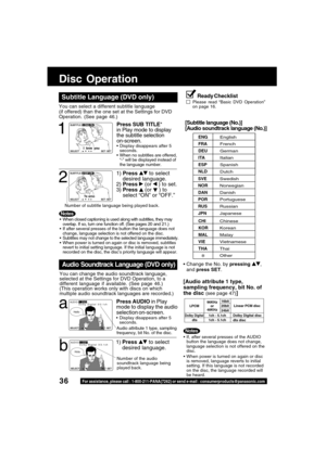 Page 3636For assistance, please call : 1-800-211-PANA(7262) or send e-mail : consumerproducts@panasonic.com
AUDIO:3  ESP
Dolby  Digital  3/2.1ch
SELECT
:  SET:SET
Hola
AUDIO:1  ENG
Dolby  Digital  3/2.1ch
SELECT
:  SET:SET
Hello
Te amo
When closed captioning is used along with subtitles, they may
overlap. If so, turn one function off. (See pages 20 and 21.)
If after several presses of the button the language does not
change, language selection is not offered on the disc.
Subtitles may not change to the...