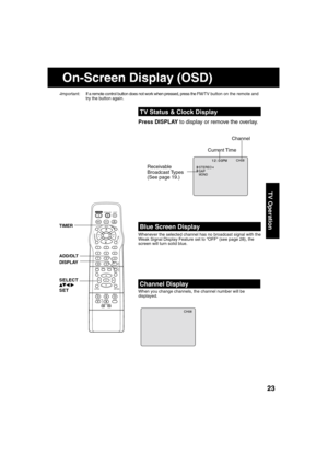 Page 232323
TV Operation
TV Status & Clock Display
Press DISPLAY to display or remove the overlay.
Blue Screen Display
When you change channels, the channel number will be 
displayed.
Channel Display
Whenever the selected channel has no broadcast signal with the 
Weak Signal Display Feature set to “OFF” (see page 28), the 
screen will turn solid blue. *Important: If a remote control button does not work when pressed, press the 
FM/TV button on the remote and 
try the button again.
LIGHT
TITLE MENUDISPLAY...