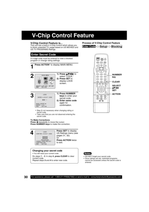 Page 3030For assistance, please call : 1-800-211-PANA(7262) or send e-mail to : consumerproducts@panasonic.com30For assistance, please call : 1-800-211-PANA(7262) or send e-mail to : consumerproducts@panasonic.com
Press ACTION* to display MAIN MENU.
Enter Secret Code
A 4-digit code must be entered to view a blocked 
program or change rating settings.
1
  DO NOT forget your secret code.
  Once ratings are set, restricted programs 
cannot be accessed unless the secret code is 
entered.
Changing your secret...