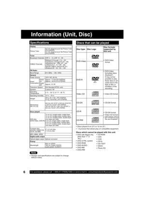 Page 66For assistance, please call : 1-800-211-PANA(7262) or send e-mail to : consumerproducts@panasonic.com6
Information (Unit, Disc)
Display
Picture Tube20 inch diagonal pure  at Picture Tube
(PV-20DF63)
27 inch diagonal pure  at Picture Tube 
(PV-27DF63)
Tuner
Broad cast Channels VHF 2 ~ 13, UHF 14 ~ 69
CA BLE ChannelsMidband A through I (14 ~ 22)
Superband J through W (23 ~ 36)
Hyperband AA ~ EEE (37 ~ 64)
Lowband A-5 ~ A-1 (95 ~ 99)
Special CABLE channel 5A (01)
Ultraband 65 ~ 94, 100 ~ 125
FM Radio
Band...