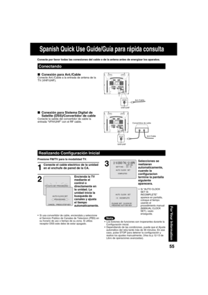 Page 555555
For Your  Information
■  Conexión para Ant./CableConecte Ant./Cable a la entrada de antena de la 
TV (VHF/UHF). Conecte por favor todas las conexiones del cable o de la antena antes de energizar los aparatos.
1
Conecte el cable electrico de la unidad 
en el enchufe de pared de la CA. 
Realizando Con guración Inicial
2
Encienda la TV 
mediante el 
control o 
directamente en 
la unidad. La 
unidad inicia la 
busqueda de 
canales y ajusta 
el tiempo 
automaticamente.
■  Conexión para Sistema Digital de...