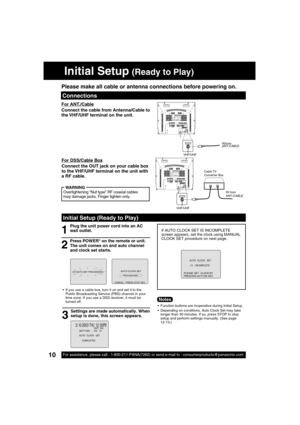 Page 1010For assistance, please call : 1-800-211-PANA(7262) or send e-mail to : consumerproducts@panasonic.com10
Initial Setup (Ready to Play)
 2 /  6 / 2003   THU 12 : 00PMDST : ON
A
UTO  CLOCK   SET
COMPLETED
SETT I NG : CH 1 0
PLEASE SET  CLOCK BY
PRESS I NG ACT I ON KEY A
UTO  CLOCK   SET
 I S   I NCOMPLETE
Plug the unit power cord into an AC 
wall outlet.
1
3 2
  If you use a cable box, turn it on and set it to the 
Public Broadcasting Service (PBS) channel in your 
time zone. If you use a DSS receiver,...