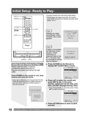 Page 1818For assistance, please call : 1- 800-211- PANA(7262) or, contact us via the web at:http://w w w.panasonic.com /contactinfo
Please make all cable or antenna 
connections before powering on.
Plug the unit power cord into an AC wall 
outlet.Settings are made 
automatically. When 
complete, this screen 
appears.
If setup is incomplete, 
the following screen 
appears. Check 
connection of 
Antenna/Cable to the 
RF in Terminal, then 
try manually to set the 
clock as follows.
a.  Press ACTION on the Remote...