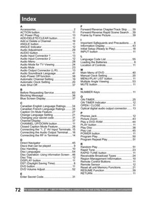 Page 7272For assistance, please call : 1- 800-211- PANA(7262) or, contact us via the web at:http://w w w.panasonic.com /contactinfo
Index
A
Accessories ................................................. 2
ACTION button .......................................... 11
AC Power Plug .......................................... 13
ADD/DELETE/CLEAR button ................... 11
Add or Delete a Channel ........................... 19
ANGLE button ........................................... 11
ANGLE Indicator...