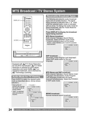 Page 2424For assistance, please call : 1- 800-211- PANA(7262) or, contact us via the web at:http://w w w.panasonic.com /contactinfo
The following are possible audio broadcast 
types and on-screen displays. The signal 
being received is indicated with a “ 
 ” mark 
while the selected audio mode is indicated 
with an arrow. To change the audio mode for 
these broadcasts, see the “Audio Mode for 
TV Viewing” section.
Press DISPLAY to display the broadcast 
signal being received.
MTS Stereo broadcast:
Multi-channel...