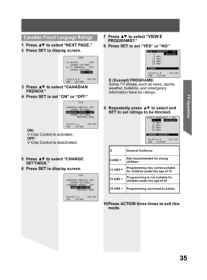 Page 3535
TV Operation
  Canadian French Language Ratings
9 Repeatedly press ▲▼ to select and 
SET to set ratings to be blocked. 
10 Press ACTION three times to exit this 
mode. 1 Press ▲▼ to select “NEXT PAGE.”
2  Press SET to display screen.
LOCK
US MOVIES :OFF
CHANGE SETTINGS
US TV PROGRAMS :OFF
CHANGE SETTINGS
NEXT PAGE
SELECT: SET:SET
END :ACTION
3 Press ▲▼ to select “CANADIAN 
FRENCH.”
4  Press SET to set “ON” or “OFF.”
ON:
V-Chip Control is activated.
OFF:
V-Chip Control is deactivated.
5 Press ▲▼ to...