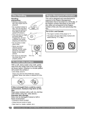 Page 1010For assistance, please call : 1- 800-211- PANA(7262) or, contact us via the web at:http://w w w.panasonic.com /contactinfo
•  The region number of this player is “1”.
•  The player will play DVD-Video marked with 
labels bearing “1” or “ALL”.
1
For U.S.A. and Canada
Example:
ALL2
4 1
  Disc Handling
This unit is designed and man u fac tured to 
respond to the Region Management 
Information that is recorded on a DVD disc. If 
the Region number described on the DVD 
disc does not cor re spond to the...