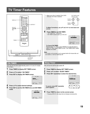 Page 1919
TV Operation
This unit can be set to automatically power on in one of 2 modes 
(TV or Disc.)Note:
•  If no button on the remote or unit is pressed within 60 minutes after unit 
turns itself on, it will turn itself back off.
1  Press TIMER to display SET TIMER screen.
To Cancel ON-TIMER,
Repeat steps 1-3. Then, press ADD/DLT to clear the time in 
steps 4-5. Now, press TIMER to end. “ON TIMER END” briefly 
appears on-screen.
2 Press ▲▼ to select “ON TIMER.”
3  Press SET to display ON TIMER screen.
4...