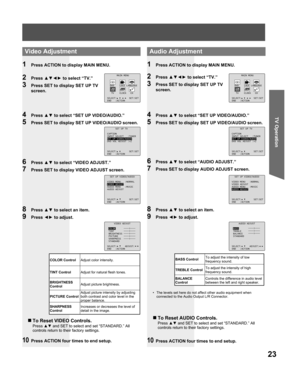 Page 2323
TV Operation
1  Press ACTION to display MAIN MENU.
2 Press ▲▼◄► to select “TV.”
3  Press SET to display SET UP TV 
screen.
4 Press ▲▼ to select “SET UP VIDEO/AUDIO.”
5  Press SET to display SET UP VIDEO/AUDIO screen.
6 Press ▲▼ to select “VIDEO ADJUST.”
7  Press SET to display VIDEO ADJUST screen.
8 Press ▲▼ to select an item.
9 Press ◄► to adjust.
„ To Reset VIDEO Controls.
Press ▲▼ and SET to select and set “STANDARD.” All 
controls return to their factory settings.
10  Press ACTION four times to...