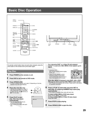 Page 2929
Disc Operation
3 Press OPEN/CLOSE.•  If a disc is already inserted, go to step 5. (Depending on the disc, 
playback may start automatically.)
5  Press PLAY to start 
play. Disc tray closes 
automatically.
•  You may also close the tray by 
pressing OPEN/CLOSE.
•  Data reading time differs with each 
disc.
If an interactive DVD*1 or a Video CD with playback 
control*2 is used and a Main MENU of disc appears, go to 
step 6.
7  Press STOP to stop playing.
8  Press OPEN/CLOSE to eject the disc.
6 Press...