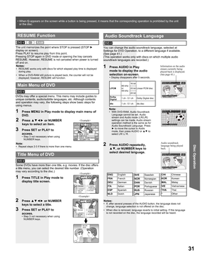 Page 3131
Disc Operation
Te amo.
AUDIO:3 ESP
 Dolby Digital 3/2.1ch
SELECT  :AUDIO
I love you.
AUDIO:1 ENG
 Dolby Digital 3/2.1ch
SELECT  :AUDIO
Some DVDs have more than one title, e.g. movies. If the disc offers 
a title menu, you can select the desired title number. (Operation 
may vary according to the disc.)
1  Press TITLE in Play mode to 
display title screen.
DVDs may offer a special menu. This menu may include guides to 
unique contents, audio/subtitle languages, etc. Although contents 
and operation may...