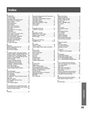 Page 5555
Information
Information
A
Accessories ............................................. 2
ACTION button ........................................ 8
AC Power Plug ........................................ 9
ADD/DELETE/CLEAR button ................. 8
Add or Delete a Channel ........................14
ANGLE button ......................................... 8
Audio Adjustment .................................. 23
AUDIO button .......................................... 8
Audio Input Connector 1...