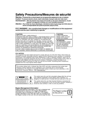 Page 33
Safety Precautions/Mesures de sécurité
Caution : To prevent electric shock, match wide blade of plug to wide slot, fully insert.
FCC WARNING  :Any unauthorized changes or modifications to this equipment
ATTENTION:RAYONNEMENT LASER
NE PAS REGARDER
DANS LE FAISCEAU.
CAUTION:UNIT IS A CLASS I LASER PRODUCT.
HOWEVER THIS UNIT USES A VISIBLE LASER BEAM WHICH COULD
CAUSE HAZARDOUS RADIATION EXPOSURE IF DIRECTED. BE
SURE TO OPERATE THE UNIT CORRECTLY AS INSTRUCTED.
WHEN THIS UNIT IS PLUGGED TO THE WALL...