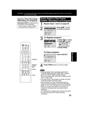 Page 3131
Timer Operation
Repeat steps 1 and 2 on page 30.1
Press PROG twice to exit this mode.
2
3
To Replace program...
To Clear program...
4
Press  to select
the desired program.
1)Press SET to display.
2)
Press  to select
and press SET or
  to set new
program contents.
3)Press PROG.
Cancel a Timer Recording:
(Recording is in progress)
Hold down STOP for a few seconds
to cancel the Timer Recording.
• Any future daily or weekly recordings
will be performed as programmed.
Press ADD/DLT.
Review, Replace or...