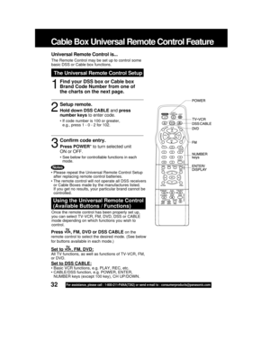 Page 3232For assistance, please call : 1-800-211-PANA(7262) or send e-mail to : consumerproducts@panasonic.com
Universal Remote Control is...
The Remote Control may be set up to control some
basic DSS or Cable box functions.
The Universal Remote Control Setup
1
Cable Box Universal Remote Control Feature
Press , FM, DVD or DSS CABLE on the
remote control to select the desired mode. (See below
for buttons available in each mode.)Once the remote control has been properly set up,
you can select TV-VCR, FM, DVD, DSS...