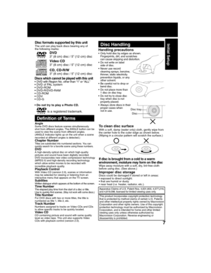 Page 77
Initial Setup
Definition of Terms
AngleSome DVD discs feature scenes simultaneously
shot from different angles. The ANGLE button can be
used to view the scene from different angles.
(ANGLE Indicator lights up on the unit when a scene
recorded at different angles is detected.)
Chapter NumberTitles are subdivided into numbered sections.  You can
quickly search for a favorite scene using these numbers.
DVDA high-density optical disc on which high-quality
pictures and sound have been digitally recorded....