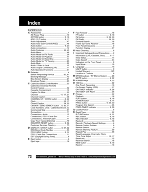 Page 7172For assistance, please call : 1-800-211-PANA(7262) or send e-mail to : consumerproducts@panasonic.com
Index
AAccessories ................................................ 4
AC Power Plug ......................................... 10
ACTION button .................................... 8, 16
ADD / DLT button ................................ 8, 17
Audio Adjustment ..................................... 47
Audio Auto Gain Control (AGC) ............... 46
Audio button ........................................ 8,...