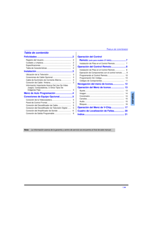 Page 27TABLA DE CONTENIDO1 lESPAÑOLTabla de contenido
Felicidades.......................................................2
Registro del Usuario....................................................   2
Cuidado y Limpieza.....................................................   2
Especificaciones.........................................................   2
Tabla de Características.............................................   2
Instalación........................................................3
Ubicación de la...