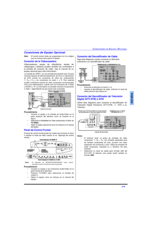 Page 31CONEXIONES DE EQUIPO OPCIONAL5 lESPAÑOLConexiones de Equipo Opcional
Nota:El control remoto debe ser programado con los códigos
que se incluyen para operar el equipo.
Conexión de la Videocasetera
Videocaseteras, equipo de videodiscos, equipo de
videojuegos y teletexto pueden también ser conectados a
la entrada de conexión de vídeo. Vea el manual de su
equipo opcional para más información.
La entrada de VIDEO 1 es una entrada de propósito dual. Es para
conectar equipos de 480i principalmente, tal como un...