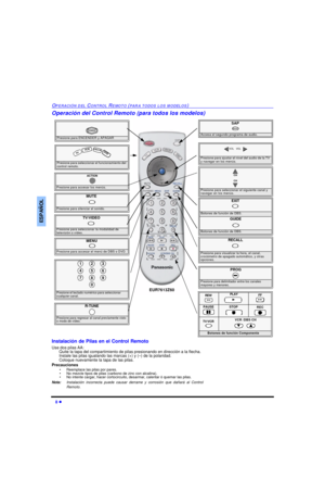 Page 348 lOPERACIÓN DEL CONTROL REMOTO (PARA TODOS LOS MODELOS)ESPAÑOLOperación del Control Remoto (para todos los modelos)  Presione para ENCENDER y APAGARPOWERMUTE Presione para silenciar el sonido.SAPAccesa el segundo programa de audio.TV/VIDEO Presione para seleccionar la modalidad de 
televisión o vídeo.Presione para seleccionar el funcionamiento del 
control remoto.
  TV VCRDBS/CBL DVD Presione para accesar los menús.ACTIONPresione para seleccionar el siguiente canal y 
navegar en los menús.CH
CHPresione...