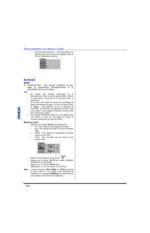 Page 6616 lFONCTIONNEMENT AVEC MENUS À ICÔNESFRANÇAIS•H/Circuit-sortie audio fixe  - Les haut-parleurs du
téléviseur sont hors circuit et les réglages audio se
font sur l’amplificateur externe.         
BLOCAGE
MODE
rVERROUILLER - Pour bloquer lutilisation de jeux
vidéo, le visionnement denregistrements et la
syntonisation de tous les canaux.
Nota:
•Au moyen des touches numériques de la
télécommande, entrer un code à quatre chiffres. (Utiliser
un code facile à mémoriser et le conserver dans un
endroit sûr).
•Si...