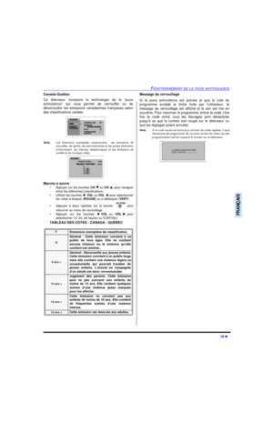 Page 69FONCTIONNEMENT DE LA PUCE ANTIVIOLENCE19 lFRANÇAISCanada-Québec
Ce téléviseur incorpore la technologie de la puce
antiviolence qui vous permet de verrouiller ou de
déverrouiller les émissions canadiennes françaises selon
des classifications variées.     
Nota:Les émissions exemptées comprennent : les émissions de
nouvelles, de sports, les documentaires et les autres émissions
d’information, les tribunes téléphoniques et les émissions de
variété et de musique vidéo.     
Marche à suivre
•Appuyer sur les...