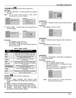 Page 13ICON MENU OPERATION
11 z
ENGLISH
CHANNELS  Press ACTION to display Menu.
CAPTION
ˆMANUAL CAPTION - To enter numbers and captions
manually.
Note:Use the remote numeric keypad to select desired
channel (refer to your local TV guide). 
ˆINPUT LABEL - To label video input connections for
onscreen display. 
Procedure
• Press VOL X to display next menu.
• Press CH T or CH S to move cursor.
• Press WVOLorVOLX to select desired preset input
label (see chart below).
AUDIO  Press ACTION to display Menu.
AUDIO...