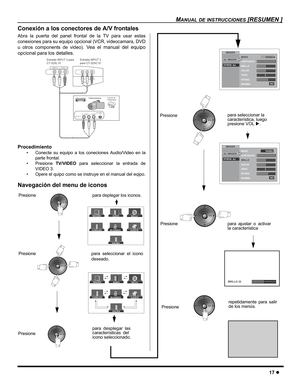 Page 19MANUAL DE INSTRUCCIONES [RESUMEN ]
17 z
IMAGENAUDIORELOJ
CANALESBLOQUEOAJUSTE
SALIDA
IMAGENAUDIORELOJ
CANALESBLOQUEOAJUSTE
SALIDA
IMAGEN
AJ. IMAGENMODO
CONTRASTE
BRILLO
COLOR
TINTE
NITIDEZ
NORMAL
- - - - - - - -- - - - - - - -
- - - - - 
       VIVIDO 
OTROS  AJ.
NO
- - - - - - - - - - - - - - - 
IMAGEN
AJ. IMAGENMODO
CONTRASTE
BRILLO
COLOR
TINTE
NITIDEZ
NORMAL
- - - - - - - -- - - - - - - -
- - - - - 
VIVIDO 
OTROS  AJ.
NO
- - - - - - - - - - - - - - - 
Conexión a los conectores de A/V frontales
Abra...