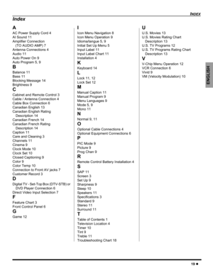 Page 21INDEX
19 z
ENGLISH
A
AC Power Supply Cord 4
AI Sound 11
Amplifier Connection 
(TO AUDIO AMP) 7
Antenna Connections 4
Audio 11
Auto Power On 9
Auto Program 5, 9
B
Balance 11
Bass 11
Blocking Message 14
Brightness 9
C
Cabinet and Remote Control 3
Cable / Antenna Connection 4
Cable Box Connection 6
Canadian English 13
Canadian English Rating 
Description 14
Canadian French 14
Canadian French Rating 
Description 14
Caption 11
Care and Cleaning 3
Channels 11
Cinema 9
Clock Mode 10
Clock Set 10
Closed...