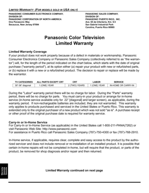 Page 46LIMITED WARRANTY  (FOR MODELS SOLD IN USA ONLY)
Warranty
Garantía
Garantie
PANASONIC CONSUMER ELECTRONICS COMPANY, PANASONIC SALES COMPANY,
DIVISION OF: DIVISION OF:
PANASONIC CORPORATION OF NORTH AMERICA PANASONIC PUERTO RICO,  INC.
One Panasonic Way Ave. 65 de Infanteria, Km. 9.5
Secaucus, New Jersey 07094 San Gabriel Industrial Park
Carolina, Puerto Rico 00985
Panasonic Color Television 
Limited Warranty
Limited Warranty Coverage
If your product does not work properly because of a defect in materials...