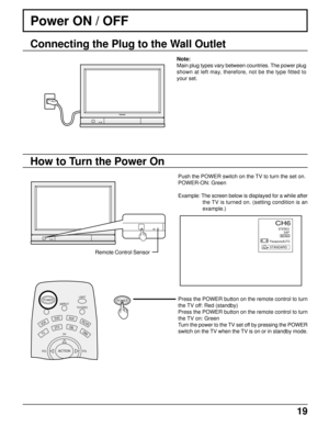 Page 2019
Power ON / OFF
Note:
Main plug types vary between countries. The power plug
shown at left may, therefore, not be the type fitted to
your set.
Push the POWER switch on the TV to turn the set on.
POWER-ON: Green
Example: The screen below is displayed for a while after
the TV is turned on. (setting condition is an
example.)
Press the POWER button on the remote control to turn
the TV off: Red (standby)
Press the POWER button on the remote control to turn
the TV on: Green
Turn the power to the TV set off...