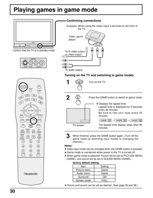 Page 3130
Playing games in game mode
LIGHT
ASPECT
MUTE TV/VIDEO
VCR
DVDAUXRCVR
TV
DTVCBLDBSCH
VOL VOL
CH MENU
INFO/RECALL
AV-ADJNORMALRH-SPLIT
EXITVCR RECGUIDE
REWSEARCH
STOPPLAYSPLITFF
FREEZETV/VCR
SLOWSWAPPAUSE
OPEN/CLOSEVCR/DBS CHANNEL
STILL
123
456
789
0
R-TUNE PROG
ACTION
POWER
GAME
1
2
3Turn on the TV.
Press the GAME button to switch to game mode.
When finished, press the GAME button again. (Turn off the
game mode by switching input modes or changing the
channel.)
GAME
POWER
Confirming connections
Confirm...