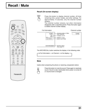 Page 3231
Recall / Mute
LIGHT
ASPECT
TV/VIDEO
VCR
DVDAUXRCVR
TV
DTVCBLDBSCH
VOL VOL
CH MENU
AV-ADJNORMALGAME
RH-SPLIT
EXITVCR RECGUIDE
REWSEARCH
STOPPLAYSPLITFF
FREEZETV/VCR
SLOWSWAPPAUSE
OPEN/CLOSEVCR/DBS CHANNEL
STILL
123
456
789
0
R-TUNE PROG
ACTION
POWER
MUTE
INFO/RECALL
Press this button to display channel number, off-timer
remaining time, screen modes, and other settings. For
approximately 10 seconds, only the channel number
remains,.....
The channel number remains, but other information
disappears after...