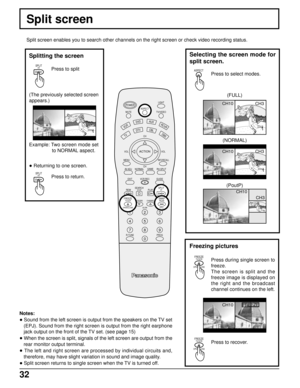 Page 3332
(The previously selected screen
appears.)
Example: Two screen mode set
to NORMAL aspect.
• Returning to one screen.
Split screen
LIGHT
MUTE TV/VIDEO
VCR
DVDAUXRCVR
TV
DTVCBLDBSCH
VOL VOL
CH MENU
INFO/RECALL
AV-ADJNORMALGAME
RH-SPLIT
EXITVCR RECGUIDE
REWSEARCH
STOPPLAY
SLOW VCR/DBS CHANNEL
123
456
789
0
R-TUNE PROG
ACTION
POWERASPECT
SPLITFF
SWAPPAUSE
STILL
FREEZETV/VCR
OPEN/CLOSE
Split screen enables you to search other channels on the right screen or check video recording status.
Splitting the...