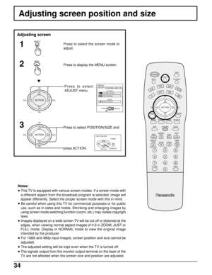 Page 3534
Adjusting screen position and size
LIGHT
MUTE TV/VIDEO
VCR
DVDAUXRCVR
TV
DTVCBLDBS
INFO/RECALL
AV-ADJNORMALGAME
RH-SPLIT
EXITVCR RECGUIDE
REWSEARCH
STOPPLAYSPLITFF
FREEZETV/VCR
SLOWSWAPPAUSE
OPEN/CLOSEVCR/DBS CHANNEL
STILL
123
456
789
0
R-TUNE PROG
POWERASPECT
MENU
CH
VOL VOL
CH
ACTION
Adjusting screen
ASPECTPress to select the screen mode to
adjust.
Press to display the MENU screen.
Notes:
• This TV is equipped with various screen modes. If a screen mode with
a different aspect from the broadcast...