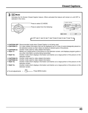 Page 4443
3
Press to select CC MODE.
Press to select from the following:CLOSED  CAPTION
   NO
ON  MUTE
   OFF
MODE
SELECTEXITCHANGE
OFF       C1       C2       T1       T2       C3       C4       T3       T4
   OFFMODE
• CAPTION OFF -
• CAPTION C1 -
• CAPTION C2 -
• TEXT T1 -
• TEXT T2 -
• CAPTION C3 -
• CAPTION C4 -
• TEXT T3 -
• TEXT T4 -Recommended mode when Closed Caption is not being used.
For video related information that can be displayed (up to 4 lines of script strategically placed on
the television...