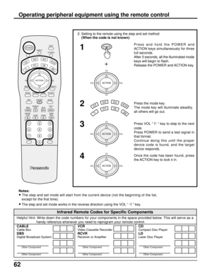 Page 6362
LIGHT
ASPECT
MUTE TV/VIDEO
MENU
INFO/RECALL
AV-ADJNORMALGAME
RH-SPLIT
EXITVCR RECGUIDE
REWSEARCH
STOPPLAYSPLITFF
FREEZETV/VCR
SLOWSWAPPAUSE
OPEN/CLOSEVCR/DBS CHANNEL
STILL
R-TUNE PROG
VCR
DVD
TV
DTV
AUXRCVR
CBLDBS
ACTION
CH
VOL VOL
CH
123
456
789
0
POWER
2. Setting to the remote using the step and set method
    (When the code is not known):
1
2POWER
CH
VOL VOL
CH
ACTION
+
Press and hold the POWER and
ACTION keys simultaneously for three
full seconds.
After 3 seconds, all the illuminated mode
keys...
