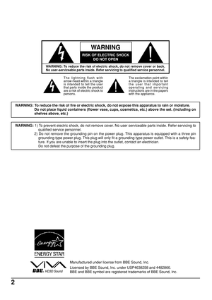 Page 22
WARNING: 1) To prevent electric shock, do not remove cover. No user serviceable parts inside. Refer servicing to
qualified service personnel.
2) Do not remove the grounding pin on the power plug. This apparatus is equipped with a three pin
grounding-type power plug. This plug will only fit a grounding-type power outlet. This is a safety fea-
ture. If you are unable to insert the plug into the outlet, contact an electrician.
Do not defeat the purpose of the grounding plug.
WARNING: To reduce the risk of...