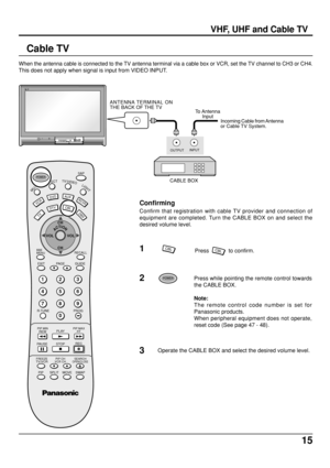 Page 1515
ACTION
123
456
78
09
TV
DTV
AUXDVD
VCR
DBS
RCVR
CH
CH VOL VOL
PLAY R-TUNE PROGGUIDE RECALLSAP
PAGE EXIT
PIP SPLIT MOVE SWAPSTOP PAUSERECPIP MAXFFPIP MINREW
BBE
MENU
FREEZE
TV/VCRPIP CH
VCR CHSEARCHOPEN/CLOSE
MUTEASPECTTV/VIDEOLIGHT
POWER
CBLConfirming
Confirm that registration with cable TV provider and connection of
equipment are completed. Turn the CABLE BOX on and select the
desired volume level.
Press while pointing the remote control towards
the CABLE BOX.
Note:
The remote control code number is...