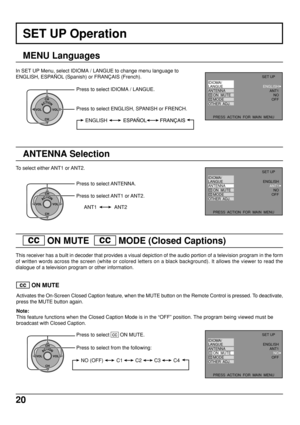 Page 2020
SET UP Operation
MENU Languages
In SET UP Menu, select IDIOMA / LANGUE to change menu language to
ENGLISH, ESPAÑOL (Spanish) or FRANÇAIS (French).
ACTIONCH
CH VOL VOL
Press to select IDIOMA / LANGUE.
ENGLISH
Press to select ENGLISH, SPANISH or FRENCH.
ANT1 ANT2
ANTENNA Selection
To select either ANT1 or ANT2.
Press to select ANT1 or ANT2.
ACTIONCH
CH VOL VOL
Press to select ANTENNA.
  cc   ON MUTE    cc   MODE (Closed Captions)
This receiver has a built in decoder that provides a visual depiction of...