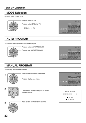 Page 2222
AUTO PROGRAM
ACTIONCH
CH VOL VOL
To automatically program all channels with signal.
Press to select AUTO PROGRAM.
Press to start AUTO PROGRAM.
MODE Selection
To select either CABLE or TV.
ACTIONCH
CH VOL VOL
CABLE TV
Press to select MODE.
Press to select CABLE or TV.
MANUAL PROGRAM
To manually add or delete channels.
ACTIONCH
CH VOL VOL1
Press to display next menu. Press to select MANUAL PROGRAM.
123
456
78
09
Use remote numeric keypad to select
desired channel.
2
3
ACTIONCH
CH VOL VOL
Press to ADD or...