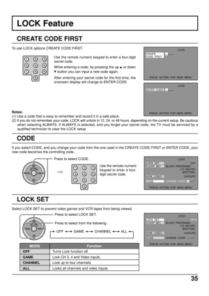 Page 3535
LOCK Feature
CREATE
CODE  FIRSTLOCK
PRESS  ACTION  FOR  MAIN  MENU
123
456
78
09
After entering your secret code for the first time, the
onscreen display will change to ENTER CODE. Use the remote numeric keypad to enter a four-digit
secret code.
While entering a code, by pressing the up 
 or down
 button you can input a new code again.
Notes:
(1) Use a code that is easy to remember and record it in a safe place.
(2) If you do not remember your code, LOCK will unlock in 12, 24, or 48 hours, depending...