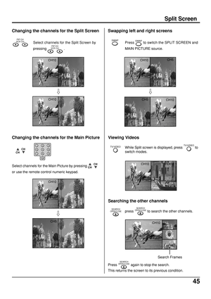 Page 4545
Split Screen
Changing the channels for the Split Screen Swapping left and right screens
Changing the channels for the Main Picture
Select channels for the Main Picture by pressing CHCH
or use the remote control numeric keypad.
Viewing Videos
While Split screen is displayed, press TV/VIDEO to
switch modes. Select channels for the Split Screen by
pressing 
PIP CH
VCR CH .Press 
SWAP to switch the SPLIT SCREEN and
MAIN PICTURE source.SWAP
CH10
CH10
CHCH
123
456
78
09
CH10
CH5
CH10
CH5CH5
CH10
TV/VIDEO...