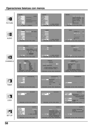 Page 5858
Operaciones básicas con menús
PICTURE
AUDIO
CHANNELS
TIMER
LOCK
SET UP
IMAGEN
MODO
COLOR
TINTE
BRILLO
CONTRASTE
NITIDEZ
NORMAL
OTROS  AJ.VIVIDO
 :
 SALIR
 :
 SUBMENU  
SI
IMAGEN
MODO
COLOR
TINTE
BRILLO
CONTRASTE
NITIDEZ
NORMAL
OTROS  AJ.
PRESIONE  ACTION  PARA  MENUPARA  ENTRARIMAGEN
OTROS  AJ.NORMAL
I D I TEMP  COLOR  
COLOR  NATURAL
REDUC  DE RUIDO
3D  Y/C  FILTRO
MATRIZ  COLOR  
MV
INMOVILIZAR
PRESIONE  ACTION  PARA  MENU
S I
NO
S I
SD
S I
MODO
BAJOS
ALTOS
BALANCE
NORMAL
OTROS  AJ.ESTEREO  SPA...