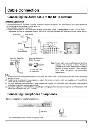 Page 77
Cable Connection
Connecting the Aerial cable to the RF In Terminal
DIGITAL
IN
S-VIDEO
COMPONENT VIDEO INPUT
INPUT
PB
PR
Y
VIDEO
AUDIORLTO AUDIO
AMPRL
12
123
VIDEO
PROG
OUTANT1
ANT2 SPLIT
OUT
Notes:
(1) To obtain optimum quality picture and sound, an Aerial, the correct cable (75 Ohm coaxial) and the correct terminating
plug are required.
(2) If a communal Aerial system is used, you may require the correct connection cable and plug between the wall Aerial
socket and your television receiver.
(3) Your...