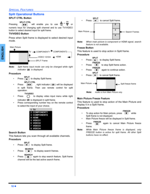 Page 1210 z
SPECIAL FEATURES
ENGLISH
Split Operational Buttons
SPLIT CTRL Button 
Pressing  will enable you to use  or
numeric keys for changing split channel and to use TV/VIDEO
button to select desired input for split frame.
TV/VIDEO Button
Press when Split frame is displayed to select desired input
mode.
 
   
Note:Split frame input mode can only be changed while right
indicator   is displayed.
Procedure
• Press  to display Split frame.
• Press  , right indicator ( ) will be displayed
in split frame. Then...