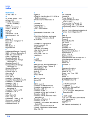 Page 2826 z
INDEX
ENGLISH
Numerics
3D Y/C Filter 18
A
AC Power Supply Cord 4
AI Sound 18
Amplifier Connection 
(TO AUDIO AMP) 7
Analog 19
Antenna Connection 4
ASPECT Button 9
Audio 18
Auto 19
Auto Power On 24
Auto Program 5, 24
B
Balance 18
Basic Menu Navigation 17
BASS 18
BBE 18
BBE Button 9
Brightness 18
C
Cabinet and Remote Control 3
Cable / Antenna Connection 4
Cable Box Connection 6
Cable Connection 4
Canadian English 22
Canadian English Ratings 
Description 22
Canadian French 23
Canadian French Ratings...